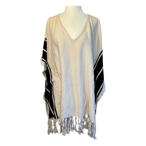 Forever 21 Fringe Kaftan Poncho Sweater Cream Black Striped Knit V-Neck S - Picture 1 of 5